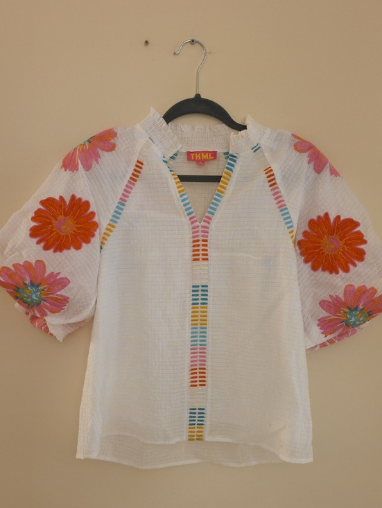 THML Tops - THML White Gauze Top with Colorful Floral Sleeves